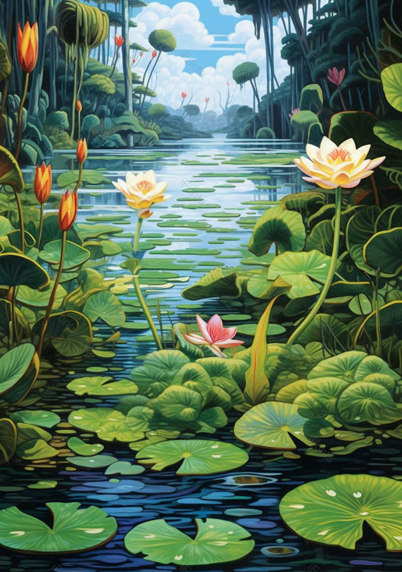 绿色夏日湖水大荷叶盛开的荷花手绘插画,插画/手绘图,插画/手绘图库,插画/手绘图下载,插画/手绘